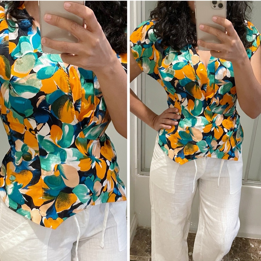 Vintage Floral Colorful Silk Wrap Top